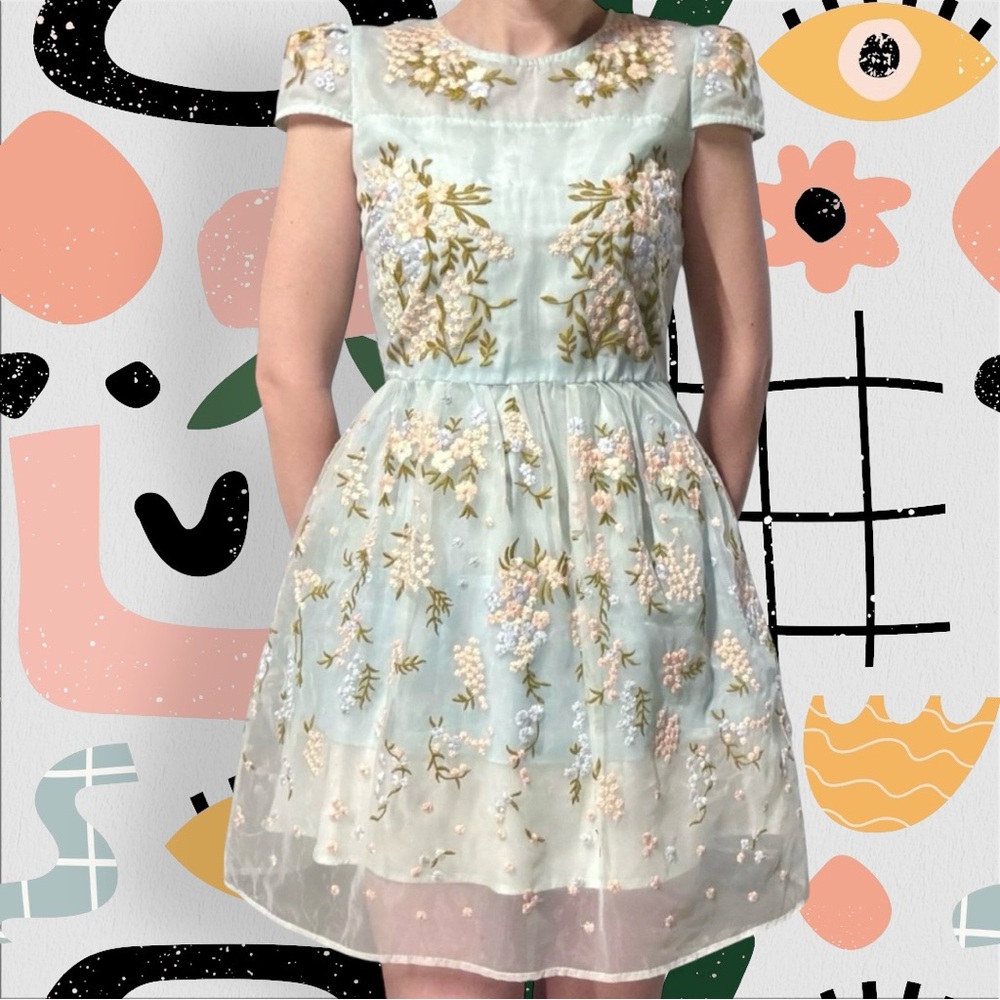 Chicwish | Floral Embroidered Light Blue Tulle Mini Dress with Cap Sleeves